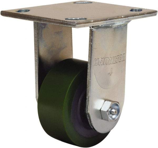 Hamilton - 3-1/4" Diam x 1-1/2" Wide x 5-1/4" OAH Top Plate Mount Rigid Caster - Polyurethane Mold onto Cast Iron Center, 475 Lb Capacity, Straight Roller Bearing, 4 x 4-1/2" Plate - USA Tool & Supply