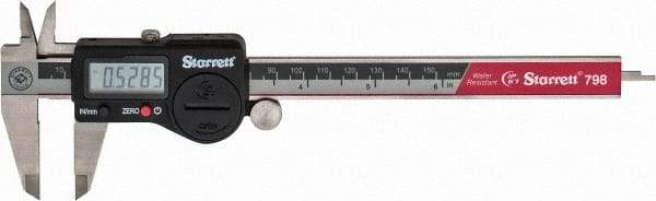 Starrett - 0 to 150mm Range, 0.01mm Resolution, IP67 Electronic Caliper - Stainless Steel with 1-1/2" Stainless Steel Jaws, 0.02mm Accuracy, Serial Output - USA Tool & Supply