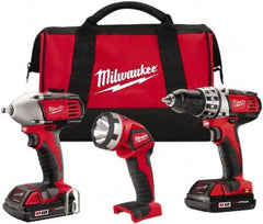 Milwaukee Tool - 18 Volt Cordless Tool Combination Kit - Includes 1/2" Compact Drill/Driver & 3/8" Compact Impact Wrench, Lithium-Ion Battery Included - USA Tool & Supply