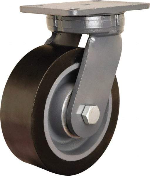 Hamilton - 8" Diam x 3" Wide x 10-1/2" OAH Top Plate Mount Swivel Caster - Polyurethane Mold on Forged Steel, 4,500 Lb Capacity, Tapered Roller Bearing, 5-1/4 x 7-1/4" Plate - USA Tool & Supply