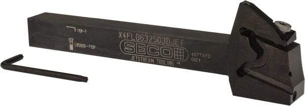 Seco - X4 Jet, External, Left Hand, 0.256" Max Depth of Cut, 0.031 to 0.118" Groove Width, Indexable Grooving Tool Holder - X4GK25..L Insert Compatibility, 0.63" Shank Height, 0.63" Shank Width, 6" OAL, Through Coolant - USA Tool & Supply