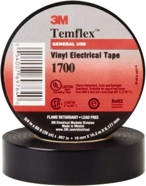 3M - 1" x 66', Black Vinyl Electrical Tape - Series 1700, 7 mil Thick, Over 1000 V/mil Dielectric Strength, 17 Lb./Inch Tensile Strength - USA Tool & Supply