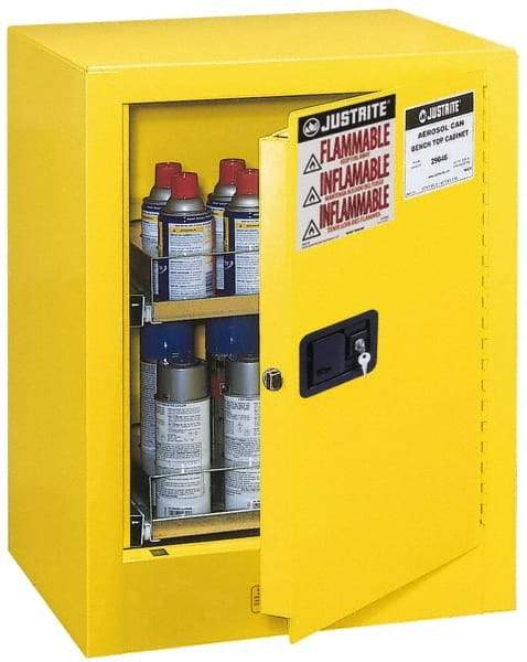 Justrite - 1 Door, 2 Shelf, Yellow Steel Bench Top Safety Cabinet for Flammable and Combustible Liquids - 27" High x 21" Wide x 18" Deep, Manual Closing Door, 4 Gal Capacity - USA Tool & Supply