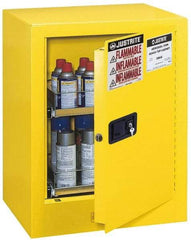 Justrite - 1 Door, 2 Shelf, Yellow Steel Bench Top Safety Cabinet for Flammable and Combustible Liquids - 27" High x 21" Wide x 18" Deep, Manual Closing Door, 4 Gal Capacity - USA Tool & Supply