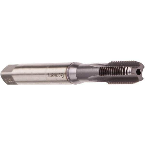 Emuge - M10x1.50 Metric Coarse 6HX 3 Flute TiCN Finish Cobalt Straight Flute Machine Tap - Modified Bottoming, Right Hand Thread, 100mm OAL, 22mm Thread Length, Oversize, Through Coolant - Exact Industrial Supply