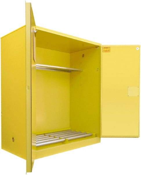 Securall Cabinets - 56" Wide x 31" Deep x 65" High, 18 Gauge Steel Vertical Drum Cabinet with 3 Point Key Lock - Yellow, Manual Closing Door, 1 Shelf, 2 Drums, Drum Rollers Included - USA Tool & Supply