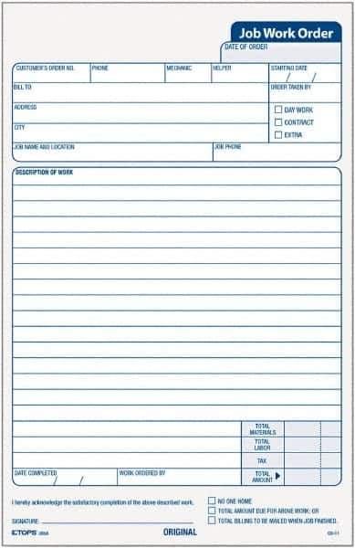 TOPS - 50 Sheet, 5-1/2 x 8-1/2", Work Order Pad - White - USA Tool & Supply