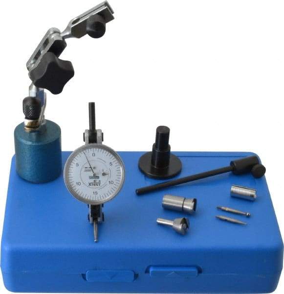 Fowler - 9 Piece, 0" to 0.06" Measuring Range, 1-1/2" Dial Diam, 0-15-0 Dial Reading, Horizontal White Dial Test Indicator Kit - 0.08" Ball Diam, 0.0005" Dial Graduation - USA Tool & Supply