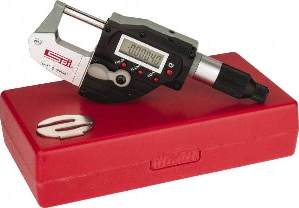 SPI - 0 to 1 Inch Range, 0.001 Inch Resolution, Standard Throat, IP65 Electronic Outside Micrometer - Accurate to 0.00016 Inch, Sliding Thimble, Carbide Tipped Face - USA Tool & Supply