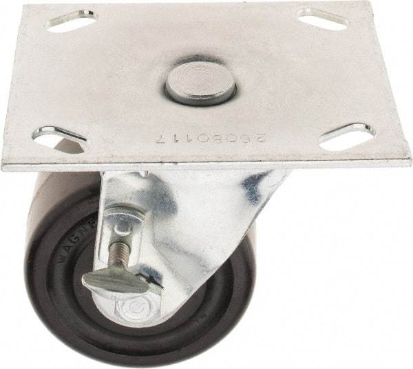 E.R. Wagner - 3" Diam x 1-3/4" Wide x 3-7/8" OAH Top Plate Mount Swivel Caster with Brake - Phenolic, 500 Lb Capacity, Roller Bearing, 3-3/4 x 4-5/8" Plate - USA Tool & Supply