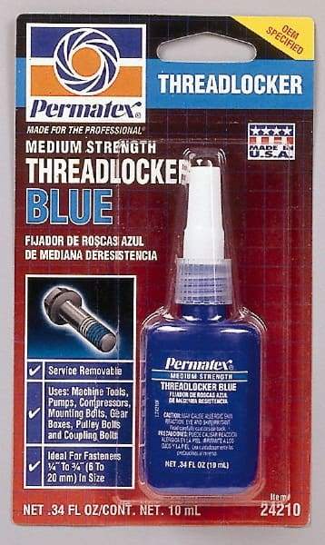 Permatex - 10 mL Bottle, Blue, Medium Strength Liquid Threadlocker - Series 242, 24 hr Full Cure Time, Hand Tool Removal - USA Tool & Supply