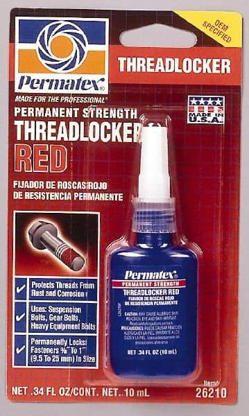 Permatex - 10 mL Bottle, Red, High Strength Liquid Threadlocker - Series 262, 24 hr Full Cure Time, Hand Tool, Heat Removal - USA Tool & Supply