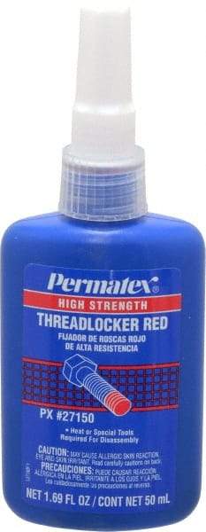 Permatex - 50 mL Bottle, Red, High Strength Liquid Threadlocker - Series 271, 24 hr Full Cure Time, Hand Tool, Heat Removal - USA Tool & Supply