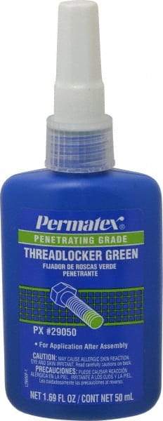 Permatex - 50 mL Bottle, Green, Liquid Medium Strength Threadlocker - Series 290, 24 hr Full Cure Time, Hand Tool, Heat Removal - USA Tool & Supply