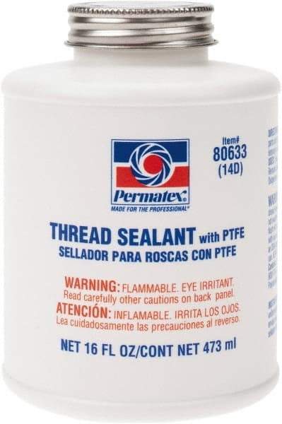 Permatex - 16 oz Brush Top Can White Thread Sealant - PTFE Based, 300°F Max Working Temp, For Use with Fittings - USA Tool & Supply