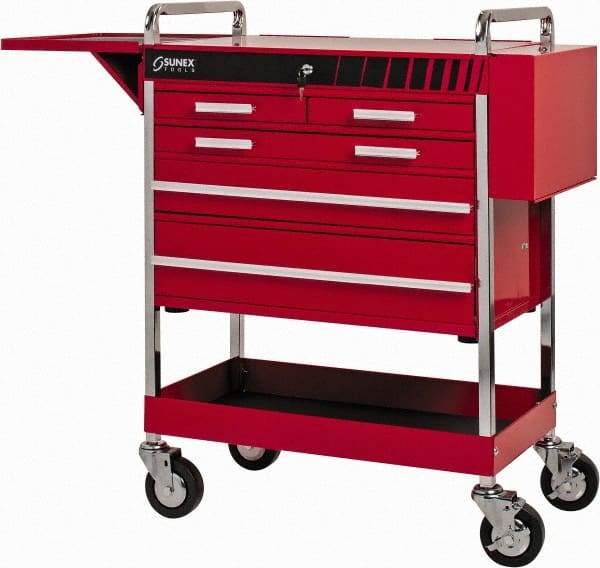 Sunex Tools - 18-1/4" Wide x 40" High x 27" Deep, 5 Drawer Tool Cart - 500 Lb Capacity, Red - USA Tool & Supply