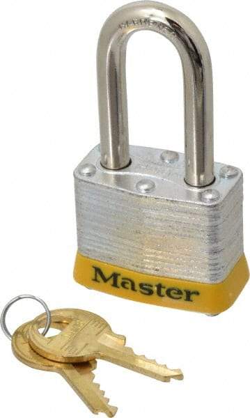Master Lock - Keyed Different Retaining Key Conductive Lockout Padlock - 1-1/2" Shackle Clearance, 9/32" Shackle Diam, 1-1/4" Body Height x 1-9/16" Body Width, Yellow, 4 Pins - USA Tool & Supply