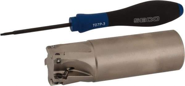 Seco - 1-1/4" Cut Diam, 0.354" Max Depth of Cut, 1-1/4" Shank Diam, 4" OAL, Indexable Square Shoulder End Mill - XO.X 10T3.. Inserts, Weldon Shank, 90° Lead Angle, Through Coolant, Series Turbo 10 - USA Tool & Supply