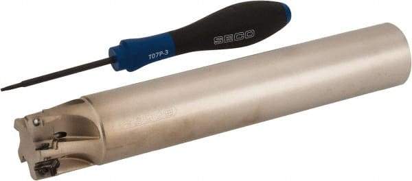 Seco - 1-1/4" Cut Diam, 0.354" Max Depth of Cut, 1-1/4" Shank Diam, 7.677" OAL, Indexable Square Shoulder End Mill - XO.X 10T3.. Inserts, Cylindrical Shank, 90° Lead Angle, Through Coolant, Series Turbo 10 - USA Tool & Supply