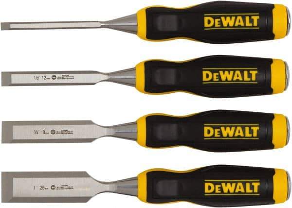 DeWALT - 4 Piece Wood Chisel Set - 11-29/32" OAL, High-impact Polypropylene & Rubber, Sizes Included 1/4 to 1" - USA Tool & Supply