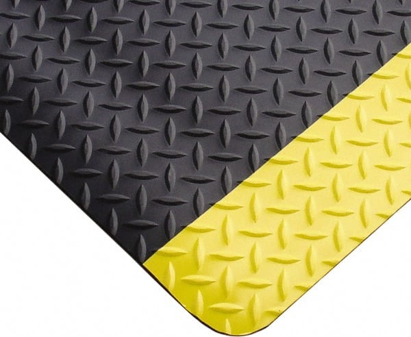 Anti-Fatigue Mat: 9' Length, 5' Wide, 1″ Thick, Vinyl, Beveled Edge, Heavy-Duty Diamond Plate, Black & Yellow, Dry