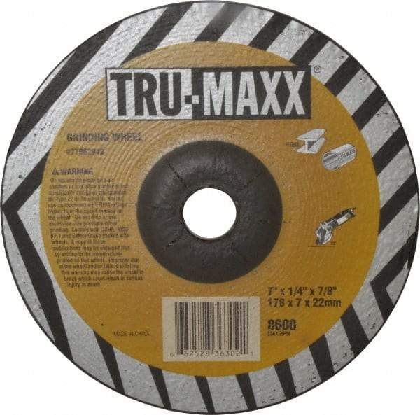 Tru-Maxx - 24 Grit, 7" Wheel Diam, 1/4" Wheel Thickness, 7/8" Arbor Hole, Type 27 Depressed Center Wheel - Aluminum Oxide, 8,600 Max RPM, Compatible with Angle Grinder - USA Tool & Supply