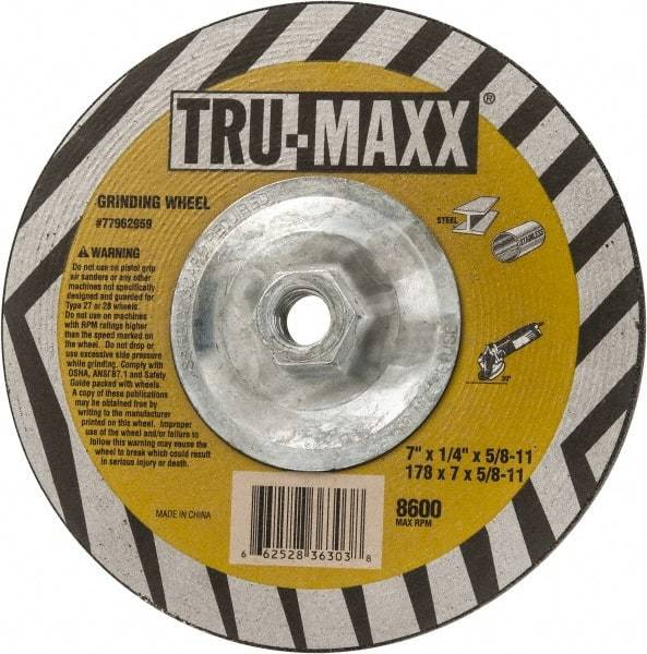Tru-Maxx - 7" Wheel Diam, 1/4" Wheel Thickness, Type 27 Depressed Center Wheel - Aluminum Oxide, 8,600 Max RPM, Compatible with Angle Grinder - USA Tool & Supply