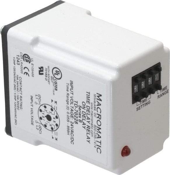 Macromatic - 8 Pin, 999 hr Delay, Multiple Range DPDT Time Delay Relay - 10 Contact Amp, 24 VAC/VDC, Pushbutton Thumbwheel - USA Tool & Supply