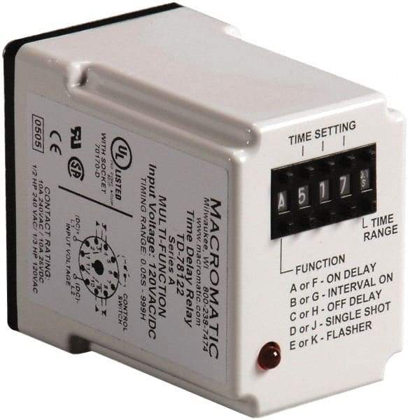 Macromatic - 11 Pin, 999 hr Delay, Multiple Range DPDT Time Delay Relay - 10 Contact Amp, 240 VAC, Pushbutton Thumbwheel - USA Tool & Supply