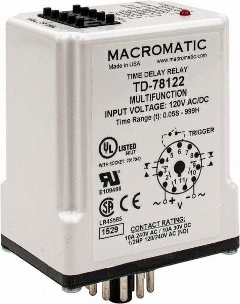 Macromatic - 11 Pin, 999 hr Delay, Multiple Range DPDT Time Delay Relay - 10 Contact Amp, 120 VAC/VDC, Pushbutton Thumbwheel - USA Tool & Supply