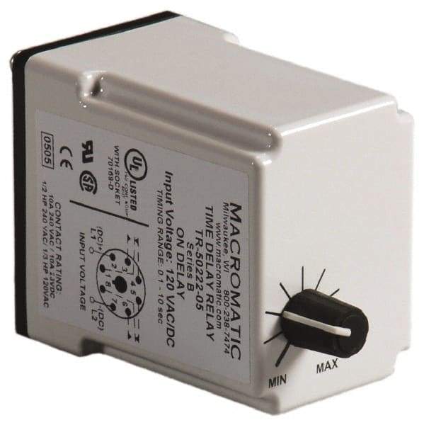 Macromatic - 8 Pin, Multiple Range DPDT Time Delay Relay - 10 Contact Amp, 24 VAC/VDC, Knob - USA Tool & Supply