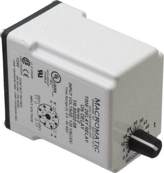 Macromatic - 8 Pin, Multiple Range DPDT Time Delay Relay - 10 Contact Amp, 120 VAC/VDC, Knob - USA Tool & Supply