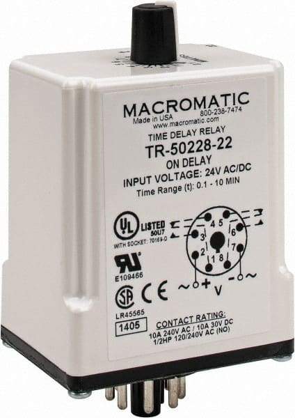 Macromatic - 8 Pin, 10 min Delay, Multiple Range DPDT Time Delay Relay - 10 Contact Amp, 24 VAC/VDC, Knob - USA Tool & Supply