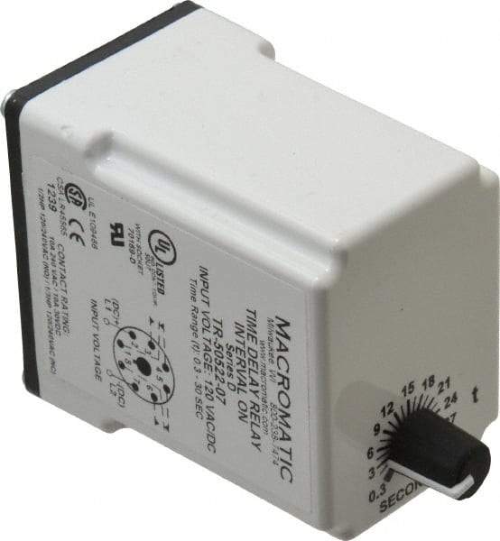 Macromatic - 8 Pin, Multiple Range DPDT Time Delay Relay - 10 Contact Amp, 120 VAC/VDC, Knob - USA Tool & Supply