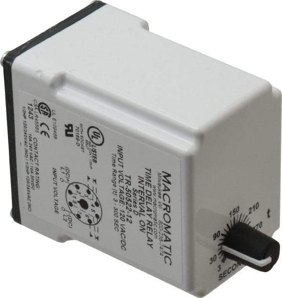 Macromatic - 8 Pin, Multiple Range DPDT Time Delay Relay - 10 Contact Amp, 120 VAC/VDC, Knob - USA Tool & Supply