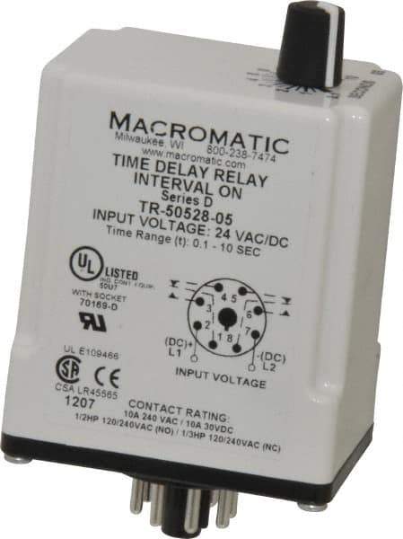 Macromatic - 8 Pin, Multiple Range DPDT Time Delay Relay - 10 Contact Amp, 24 VAC/VDC, Knob - USA Tool & Supply