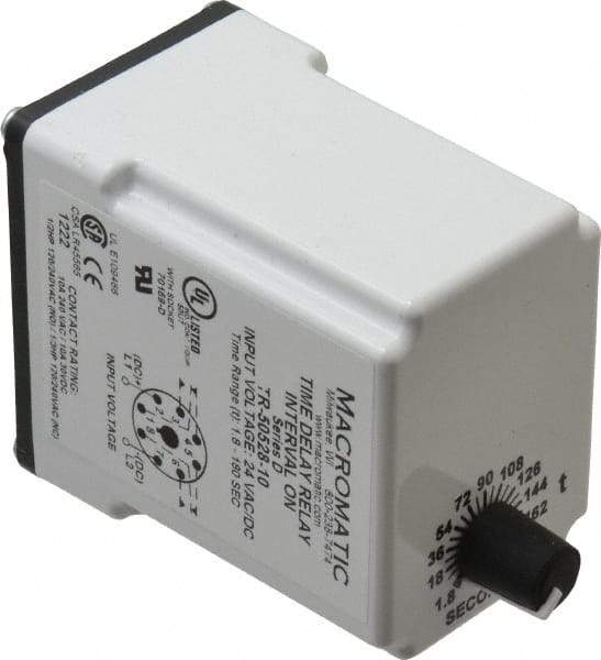 Macromatic - 8 Pin, Multiple Range DPDT Time Delay Relay - 10 Contact Amp, 24 VAC/VDC, Knob - USA Tool & Supply