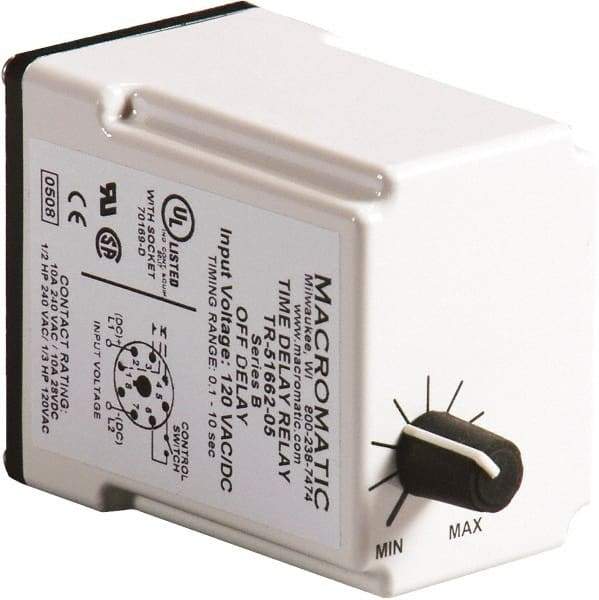 Macromatic - 11 Pin, Multiple Range DPDT Time Delay Relay - 10 Contact Amp, 120 VAC/VDC, Knob - USA Tool & Supply