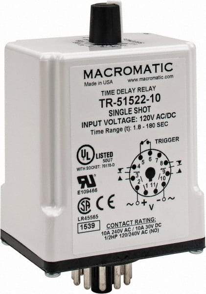 Macromatic - 11 Pin, Multiple Range DPDT Time Delay Relay - 10 Contact Amp, 120 VAC/VDC, Knob - USA Tool & Supply