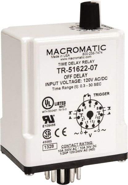 Macromatic - 11 Pin, Multiple Range DPDT Time Delay Relay - 10 Contact Amp, 120 VAC/VDC, Knob - USA Tool & Supply