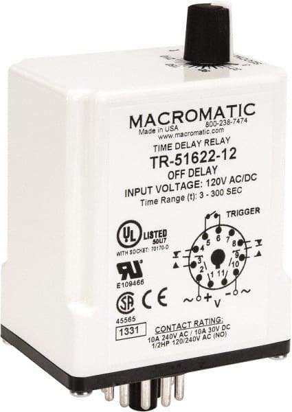 Macromatic - 11 Pin, Multiple Range DPDT Time Delay Relay - 10 Contact Amp, 120 VAC/VDC, Knob - USA Tool & Supply