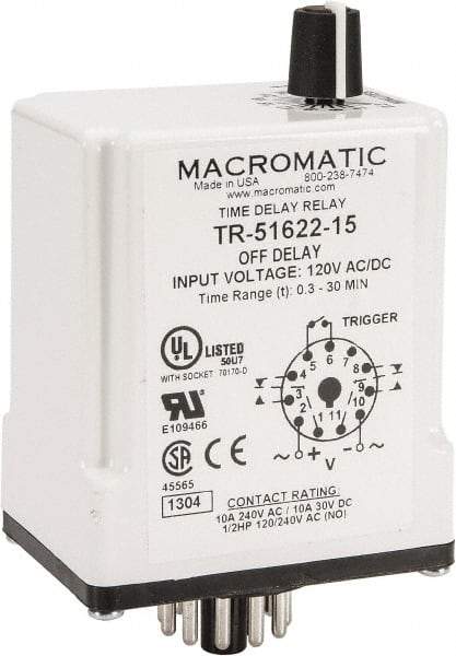 Macromatic - 11 Pin, 0.3 to 30 min Delay, Multiple Range DPDT Time Delay Relay - 10 Contact Amp, 120 VAC/VDC, Knob - USA Tool & Supply