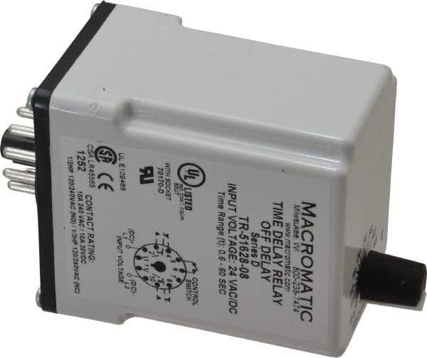 Macromatic - 11 Pin, Multiple Range DPDT Time Delay Relay - 10 Contact Amp, 24 VAC/VDC, Knob - USA Tool & Supply