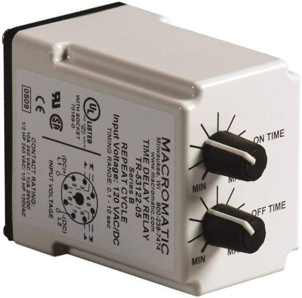 Macromatic - 8 Pin, 10 min Delay, Multiple Range DPDT Time Delay Relay - 10 Contact Amp, 120 VAC/VDC, Knob - USA Tool & Supply