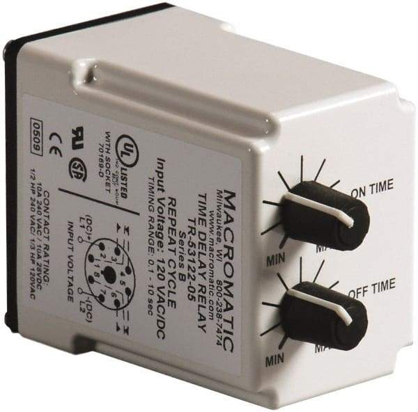 Macromatic - 8 Pin, Multiple Range DPDT Time Delay Relay - 10 Contact Amp, 24 VAC/VDC, Knob - USA Tool & Supply