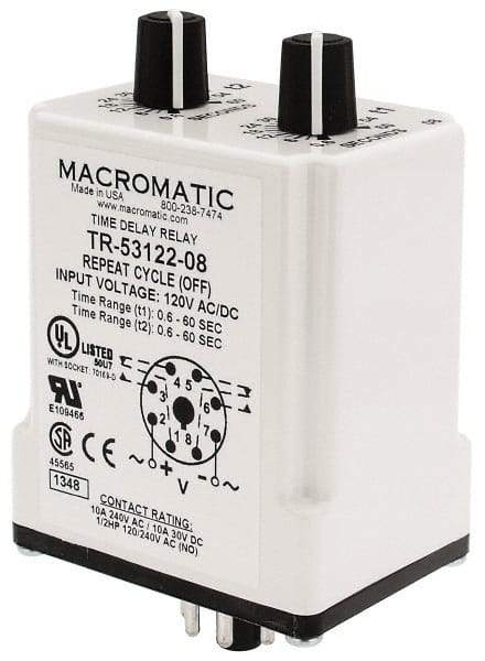 Macromatic - 8 Pin, Multiple Range DPDT Time Delay Relay - 10 Contact Amp, 120 VAC/VDC, Knob - USA Tool & Supply