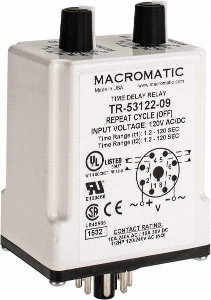 Macromatic - 8 Pin, Multiple Range DPDT Time Delay Relay - 10 Contact Amp, 120 VAC/VDC, Knob - USA Tool & Supply