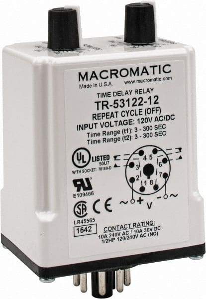 Macromatic - 8 Pin, Multiple Range DPDT Time Delay Relay - 10 Contact Amp, 120 VAC/VDC, Knob - USA Tool & Supply