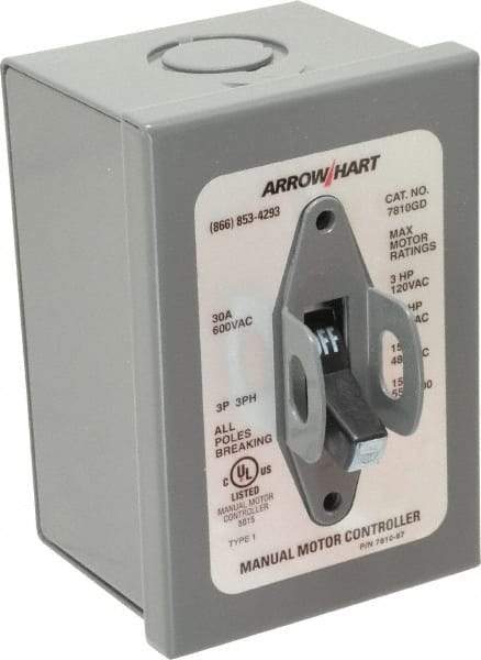 Cooper Wiring Devices - 3 Poles, 30 Amp, 3PST, NEMA, Enclosed Manual Motor Starter - 66.8mm Wide x 118.62mm Deep x 112.27mm High, 15 hp at 480 V, 15 hp at 600 V, 3 hp at 120 V & 7-1/2 hp at 240 V, CSA C22.2 No. 14, NEMA 1 & UL 508 - USA Tool & Supply