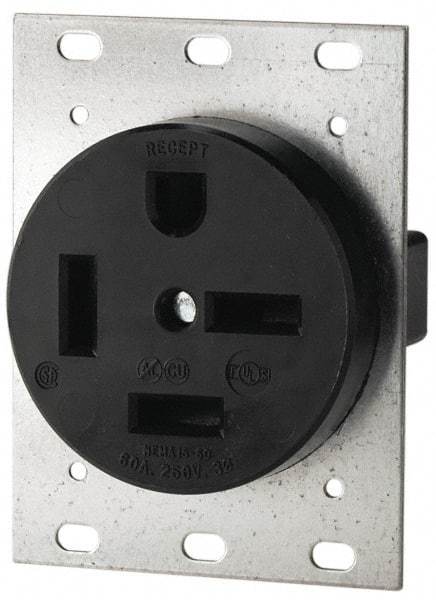 Cooper Wiring Devices - 250 VAC, 60 Amp, 15-60R NEMA Configuration, Black, Industrial Grade, Self Grounding Single Receptacle - 1 Phase, 3 Poles, 4 Wire, Flush Mount - USA Tool & Supply